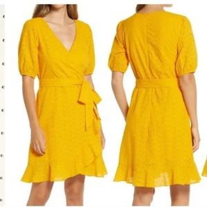 JULIA JORDAN Marigold Balloon Sleeve Cotton Eyelet Faux Wrap Dress